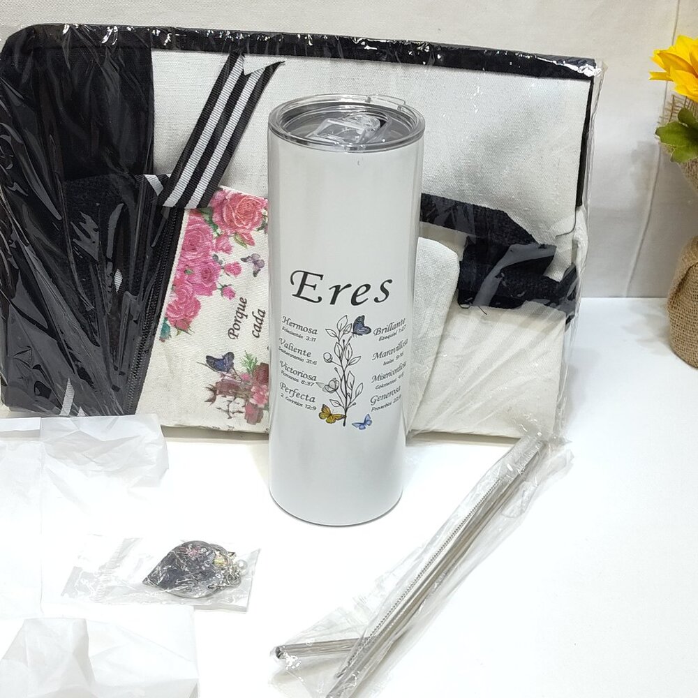 Inspirational Spanish Scripture Tumbler Tote Cosmetic Bag Metal Straw Key Chain